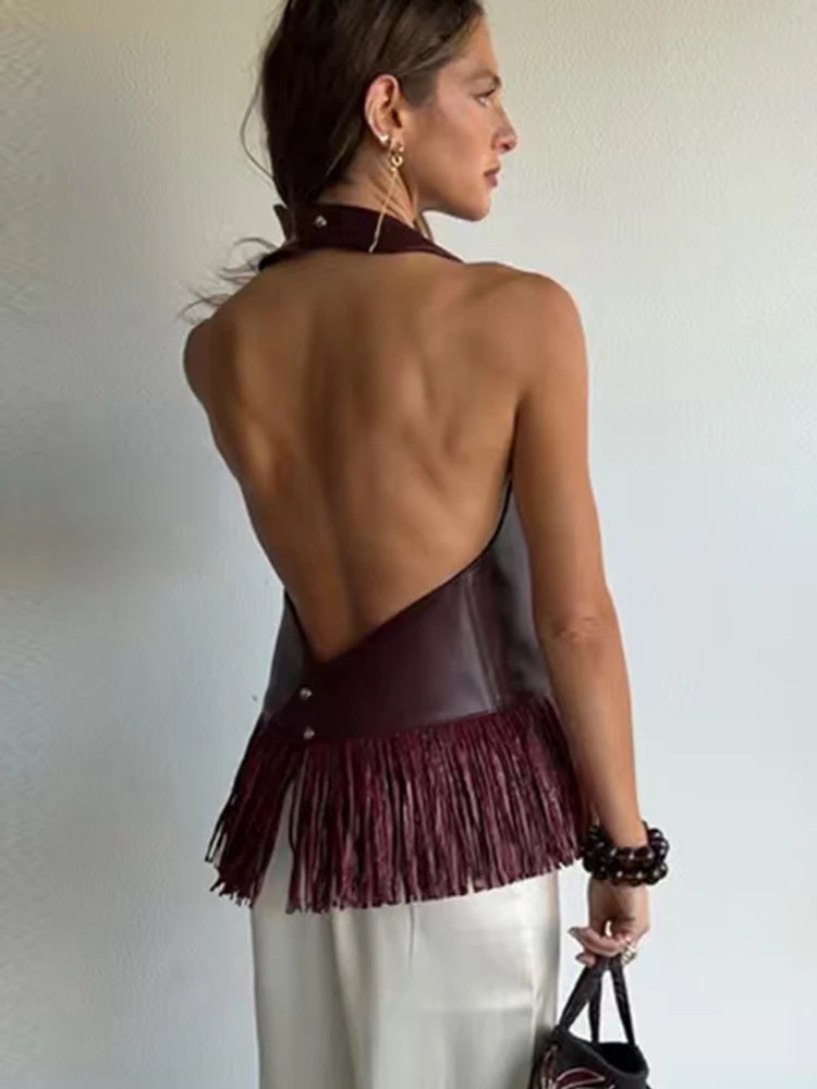 Haut dos nu à franges effet cuir Amélie