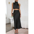 Ensemble haut col montant et jupe longue en satin Romane