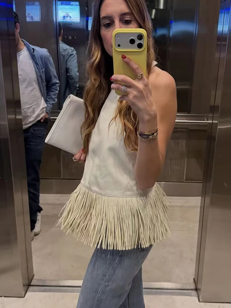 Haut dos nu à franges effet cuir Amélie