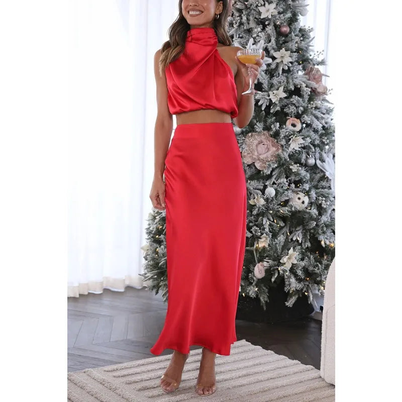 Ensemble haut col montant et jupe longue en satin Romane