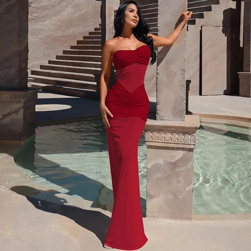 Robe longue bustier à empiècements de tulle Laurine