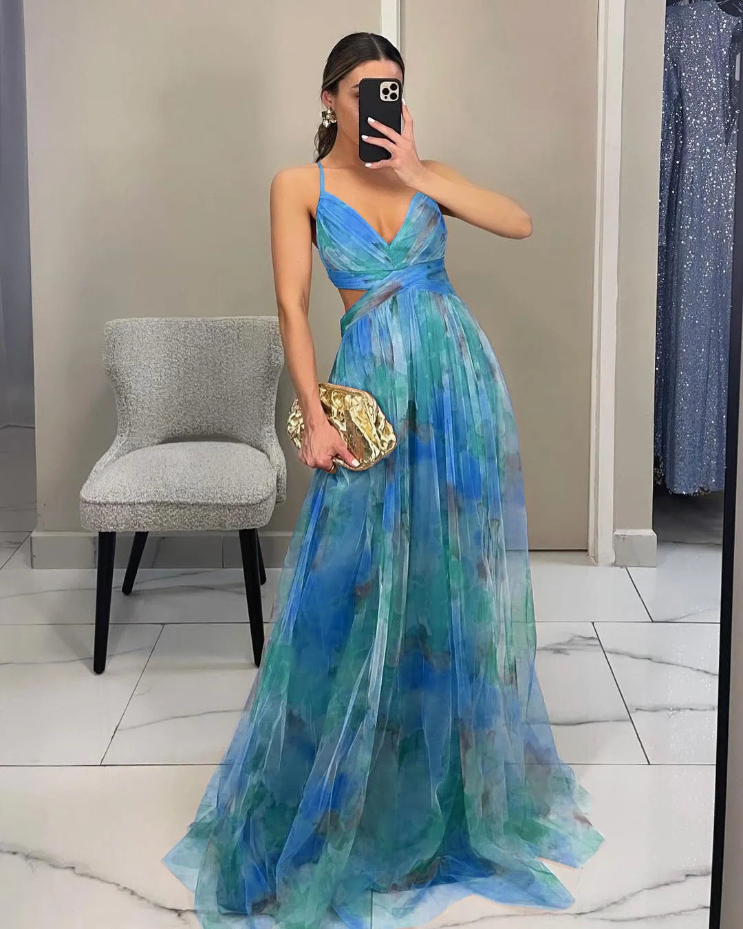 Robe longue imprimée en tulle Tatiana
