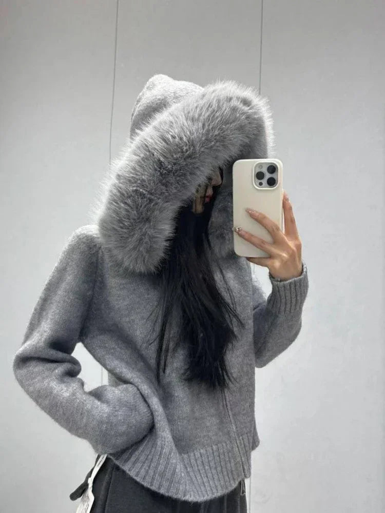Cardigan zippé à capuche fourrée Héloïse