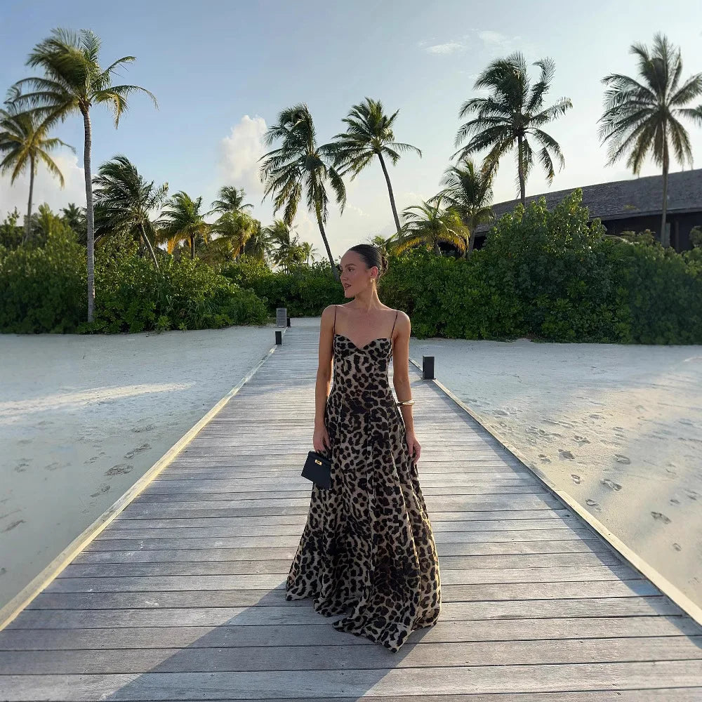 Robe longue léopard à fines bretelles Solange