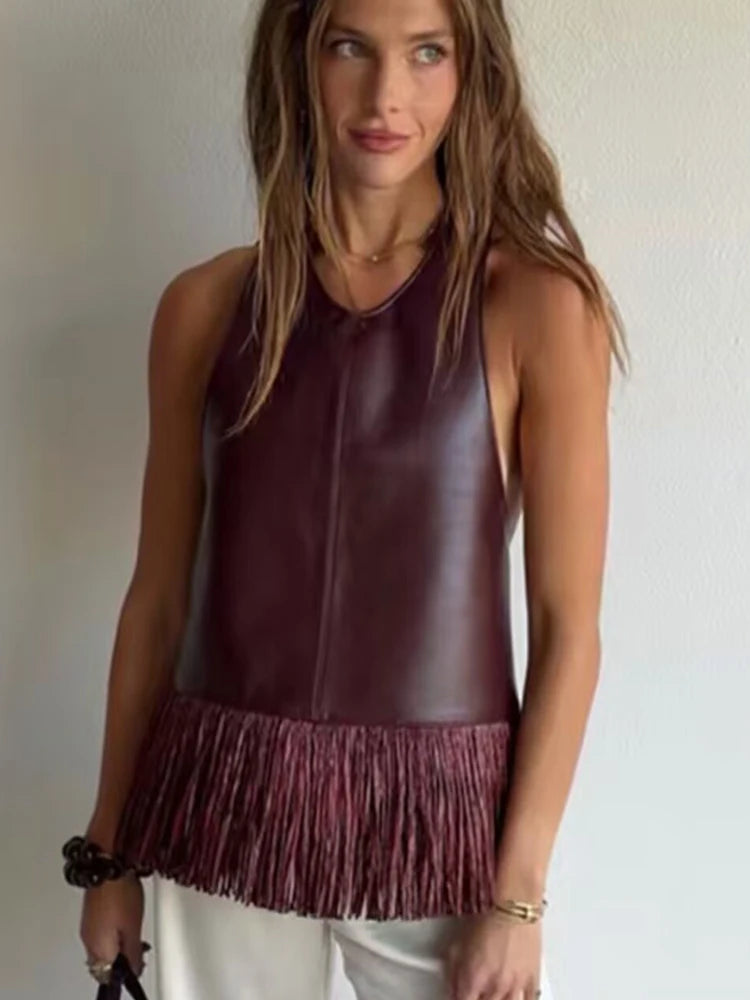 Haut dos nu à franges effet cuir Amélie