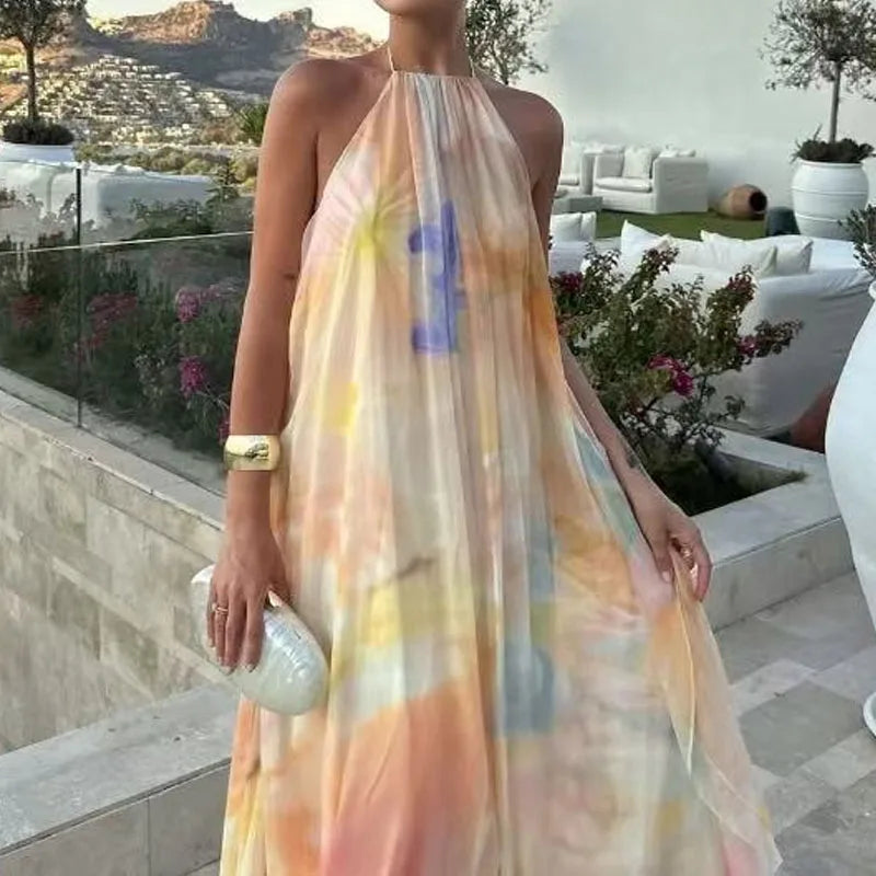 Robe bohème imprimée dos nu Marine
