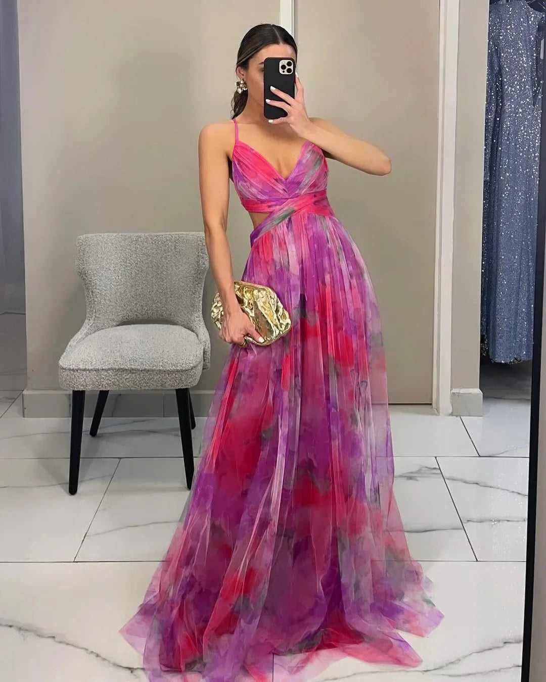 Robe longue imprimée en tulle Tatiana