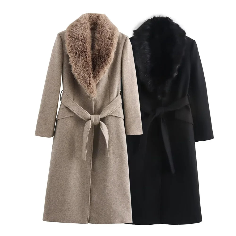 Manteau ceinturé à col en fausse fourrure Lisette