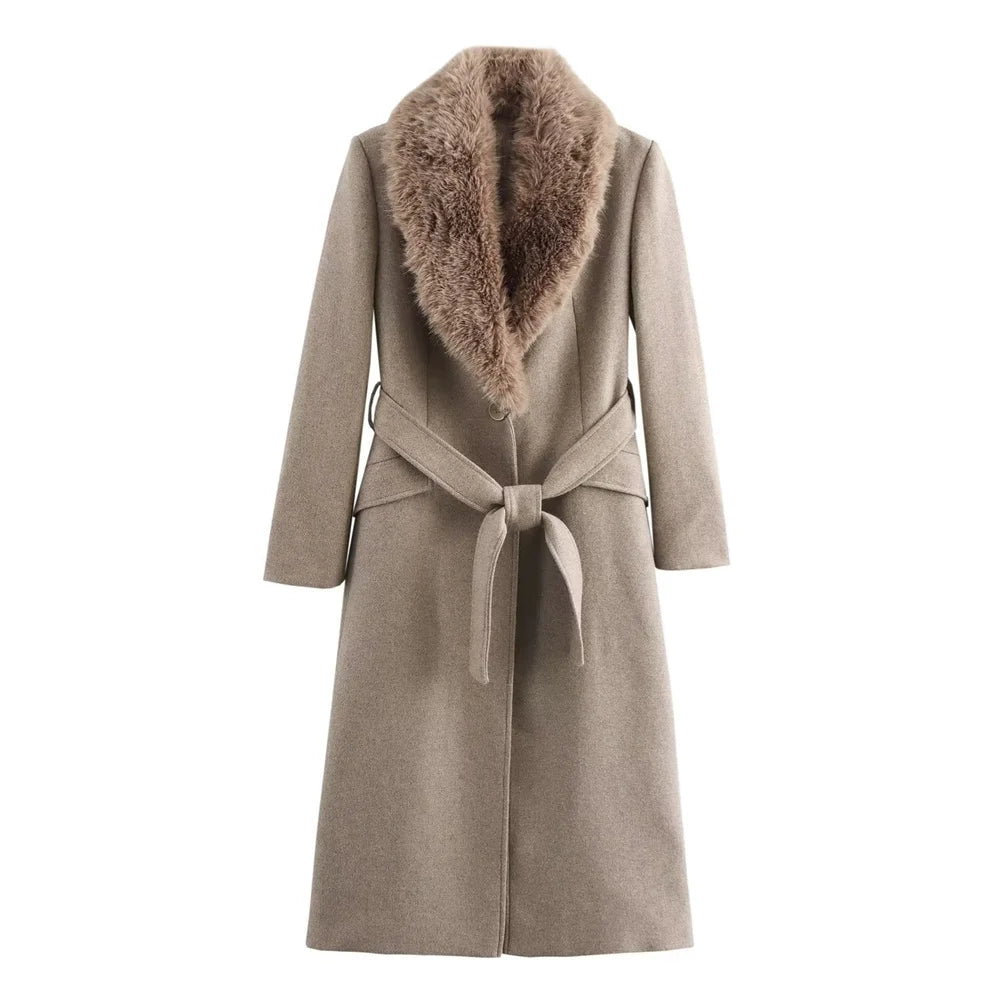 Manteau ceinturé à col en fausse fourrure Lisette