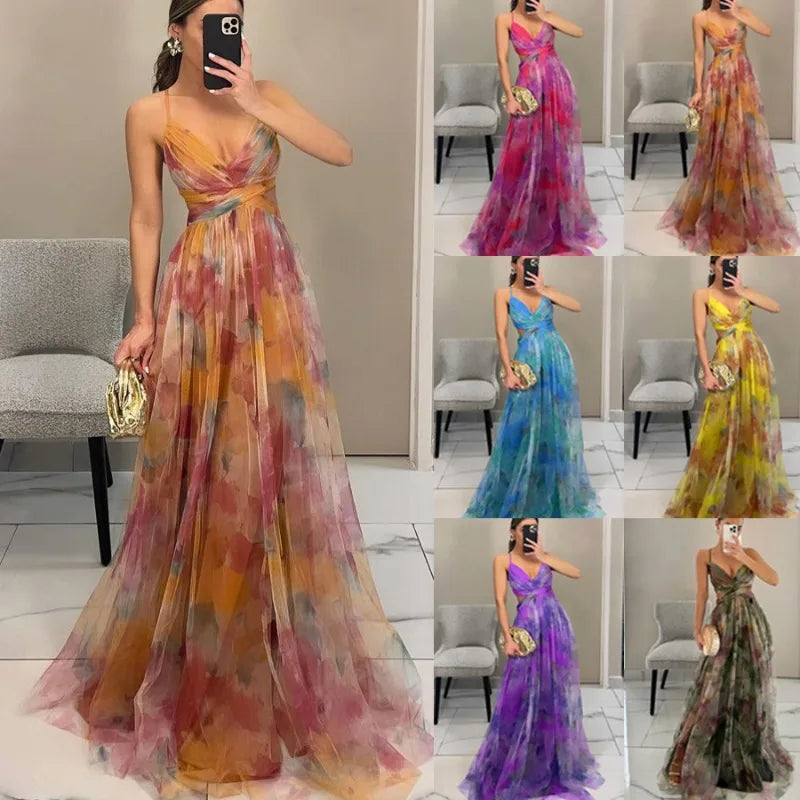 Robe longue imprimée en tulle Tatiana