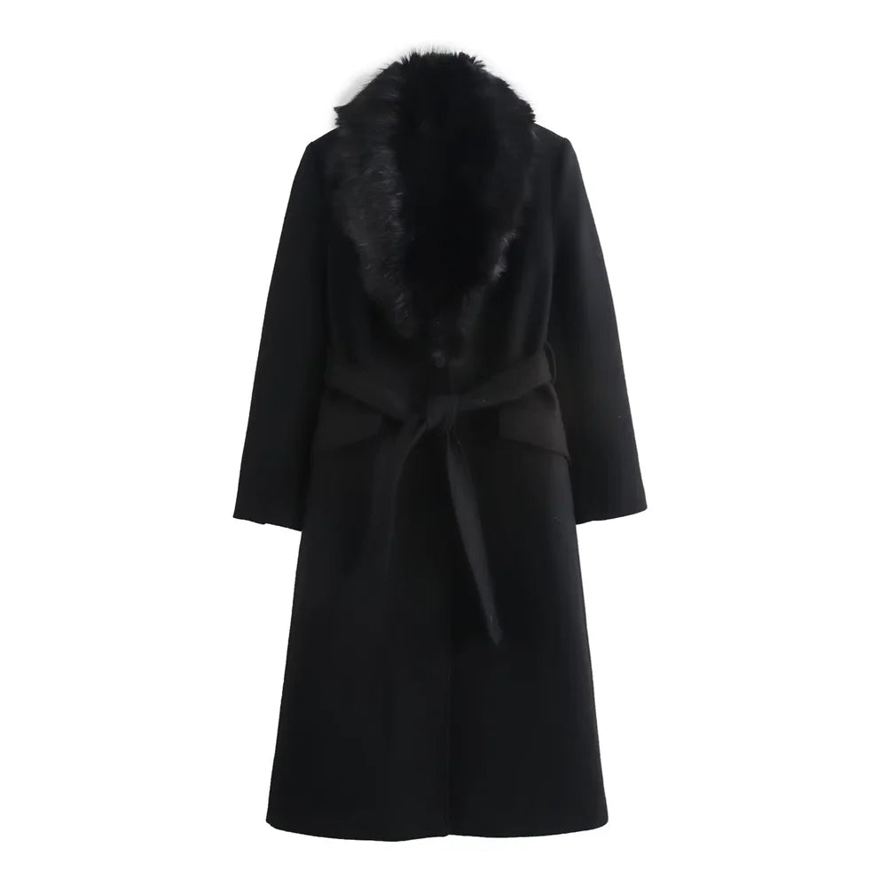 Manteau ceinturé à col en fausse fourrure Lisette
