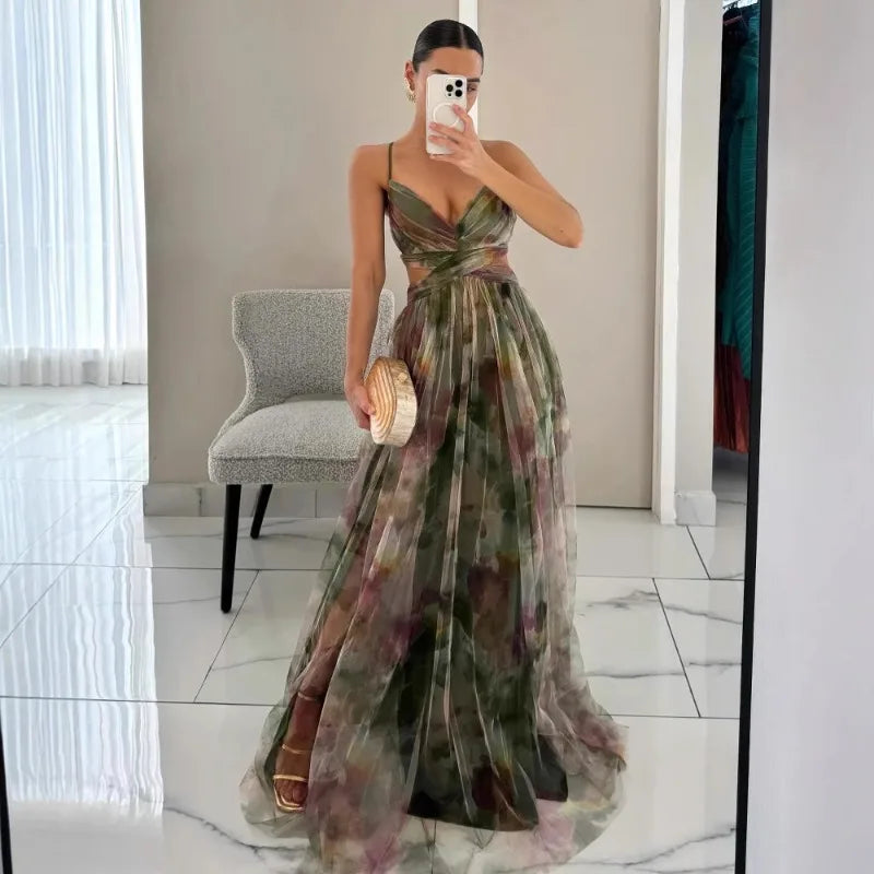 Robe longue imprimée en tulle Tatiana