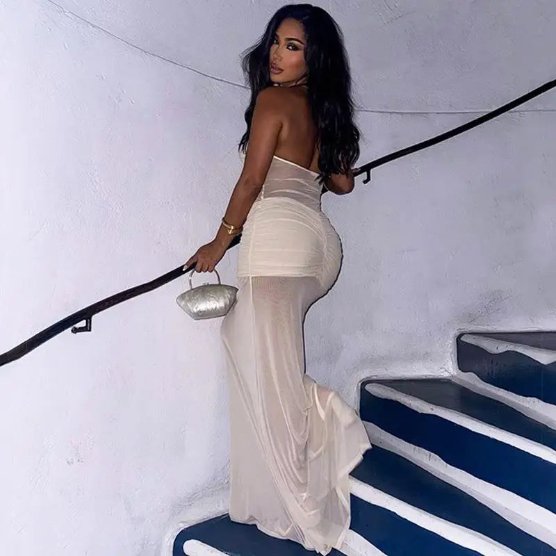 Robe longue bustier à empiècements de tulle Laurine