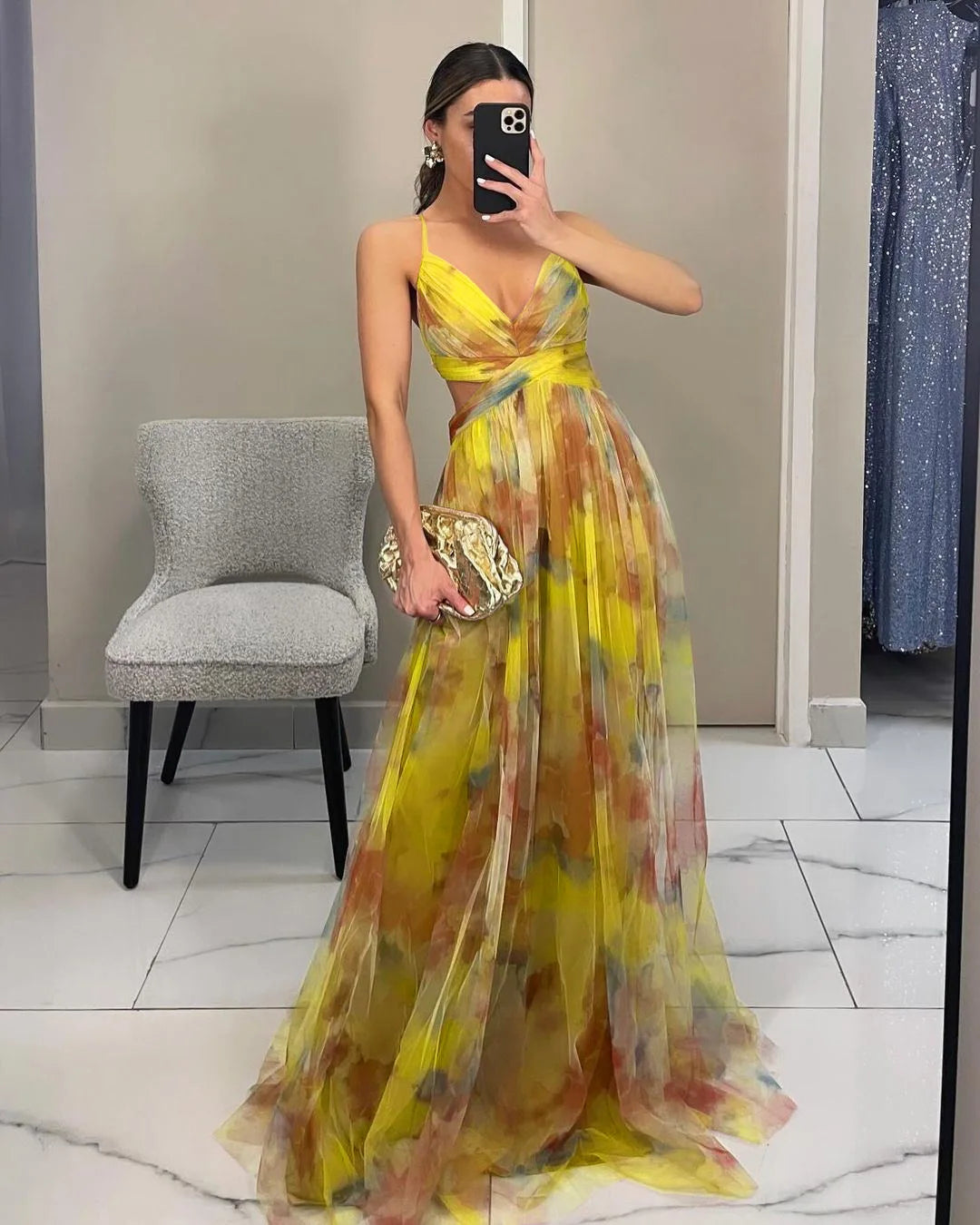 Robe longue imprimée en tulle Tatiana