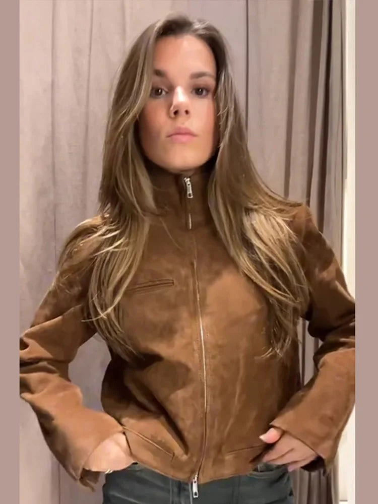 Éliane cropped faux suede stand-collar jacket