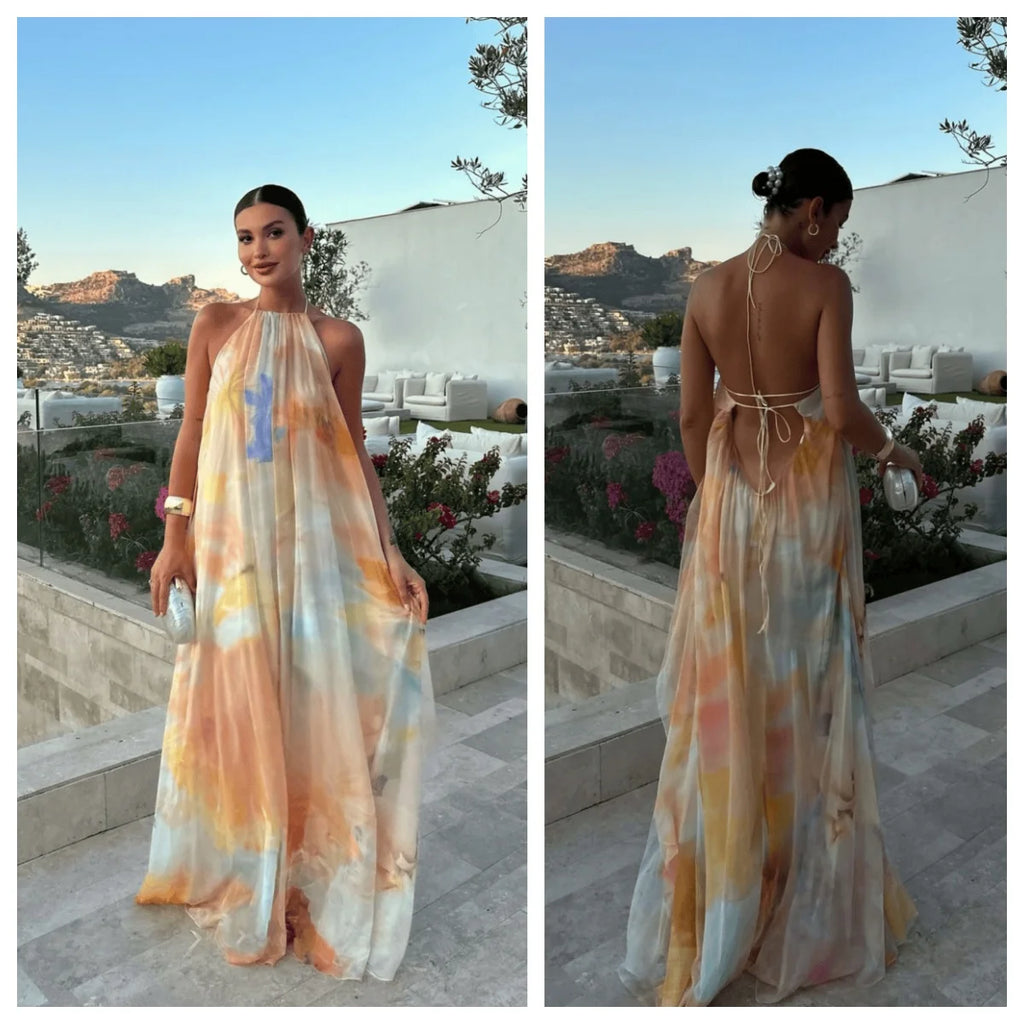 Robe bohème imprimée dos nu Marine