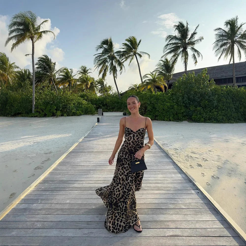 Robe longue léopard à fines bretelles Solange