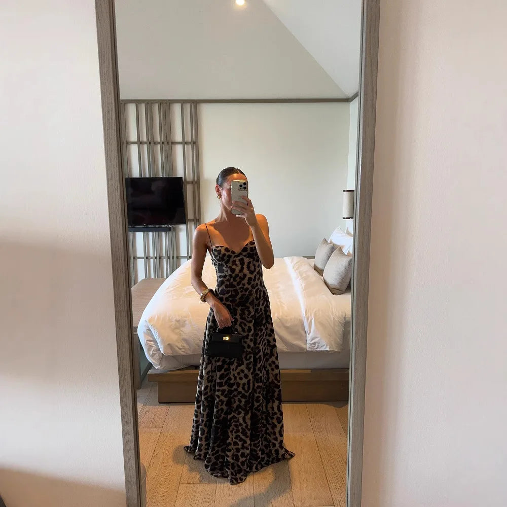 Robe longue léopard à fines bretelles Solange