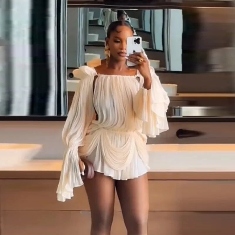 Robe en tulle drapée à manches évasées Carmen