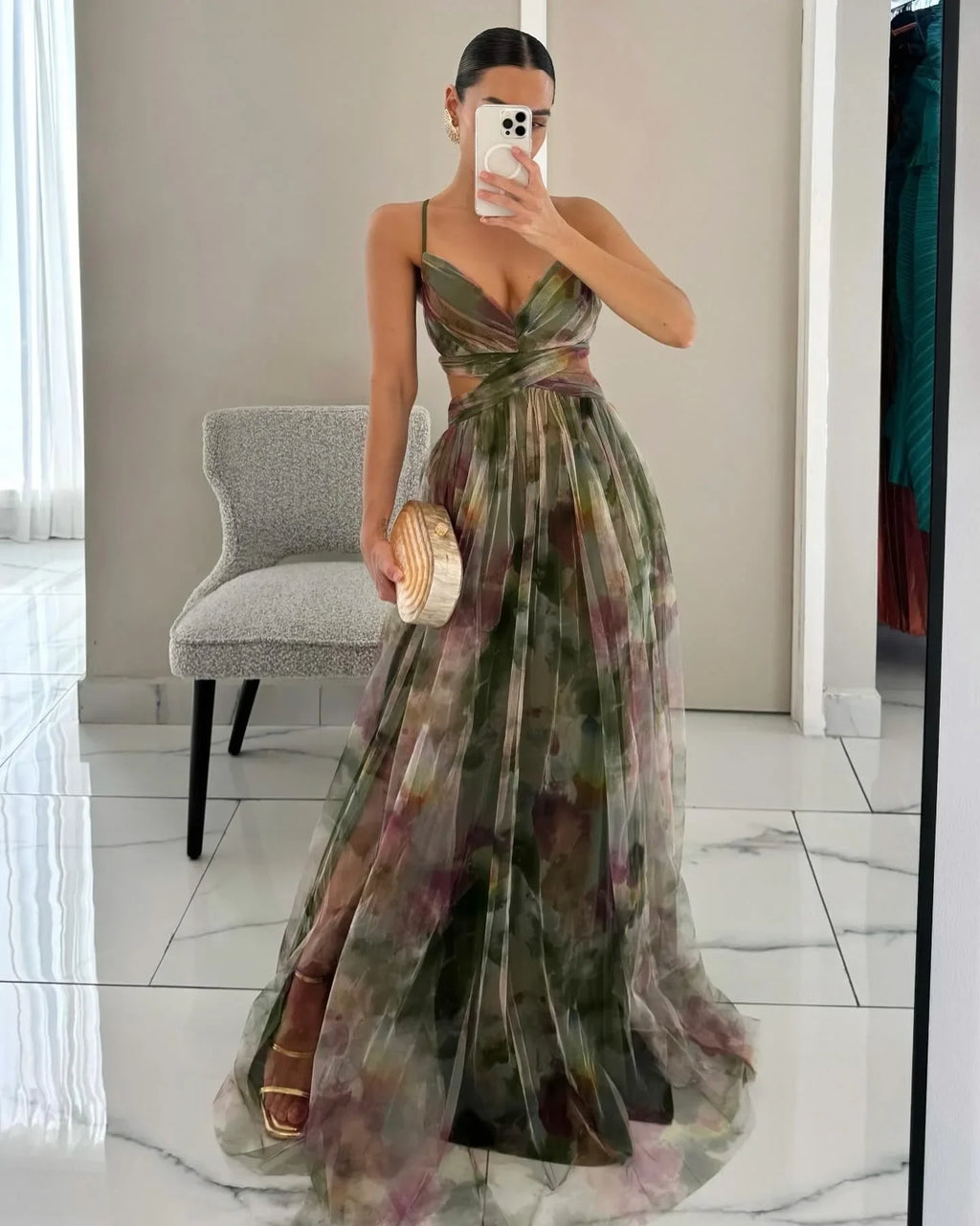 Robe longue imprimée en tulle Tatiana