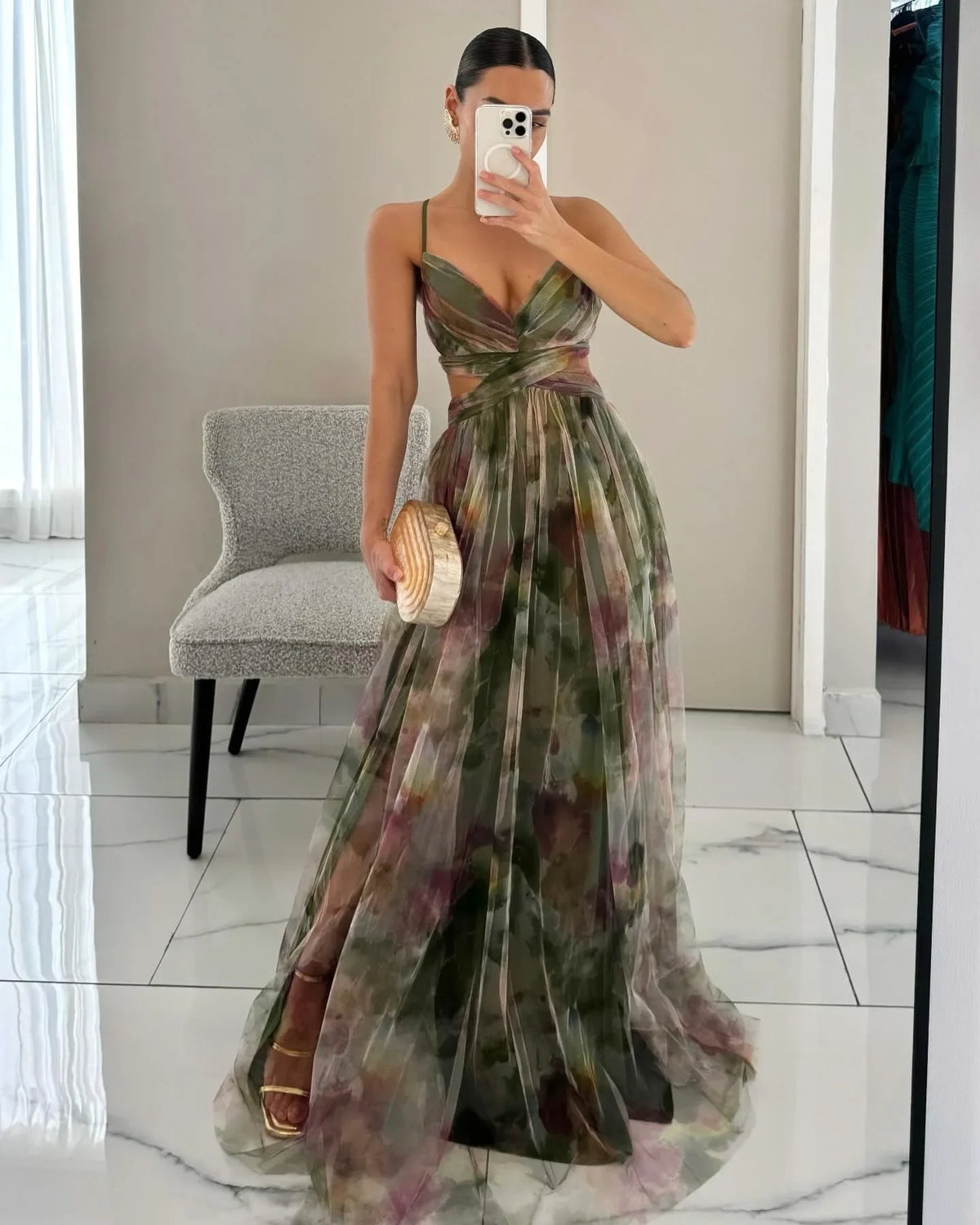 Robe longue imprimée en tulle Tatiana