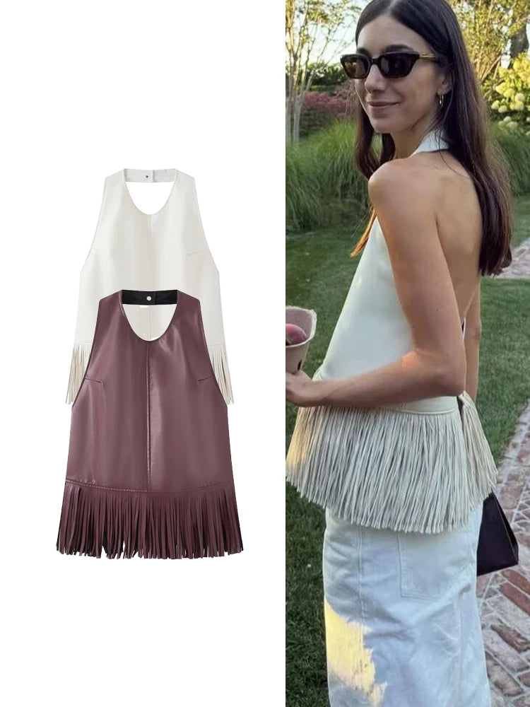 Haut dos nu à franges effet cuir Amélie
