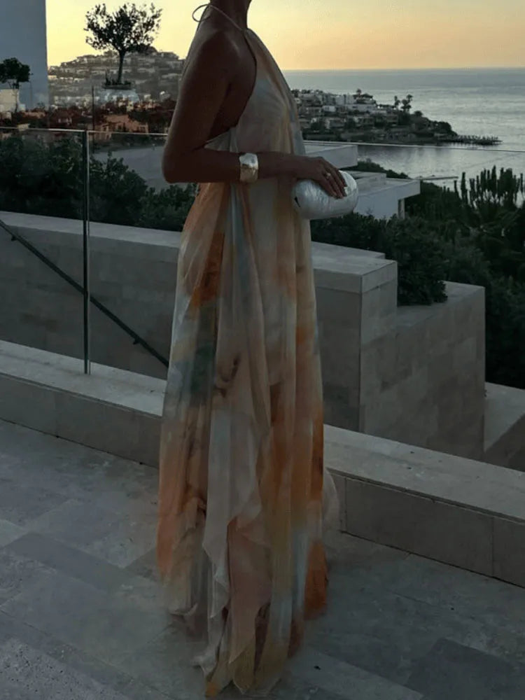 Robe bohème imprimée dos nu Marine