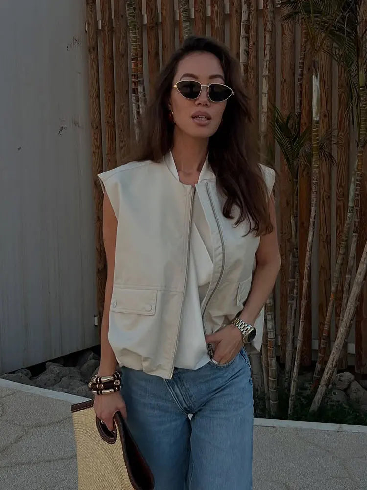 Clothilde zip-up sleeveless pocket vest