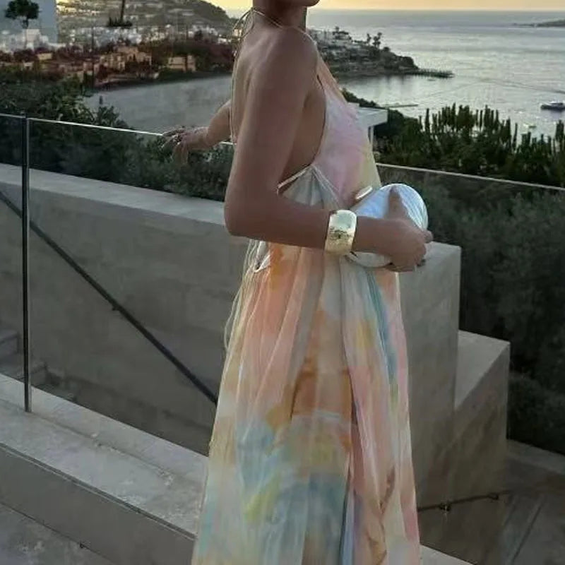 Robe bohème imprimée dos nu Marine