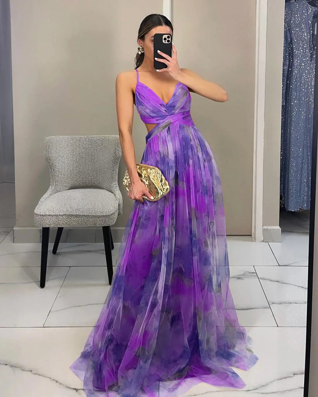 Robe longue imprimée en tulle Tatiana