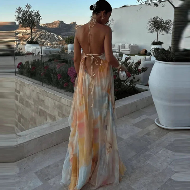 Robe bohème imprimée dos nu Marine