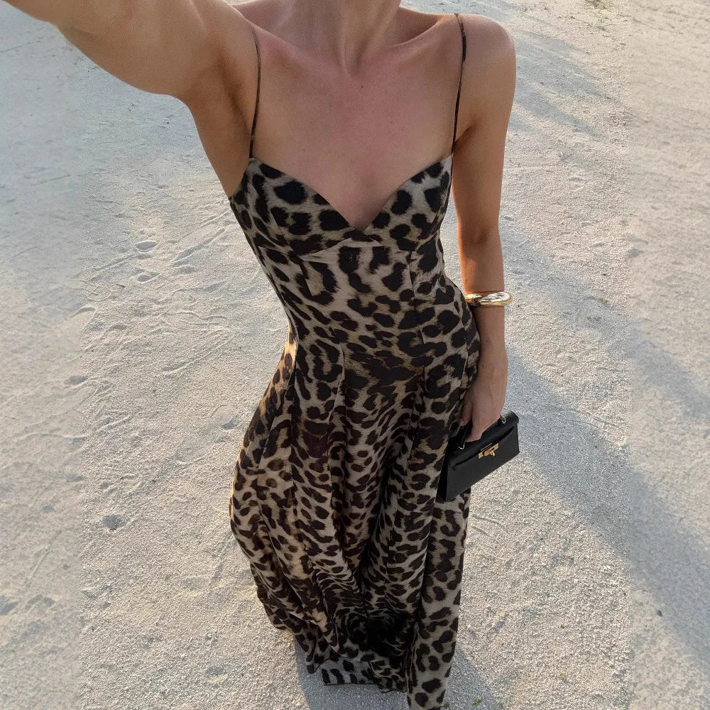 Robe longue léopard à fines bretelles Solange