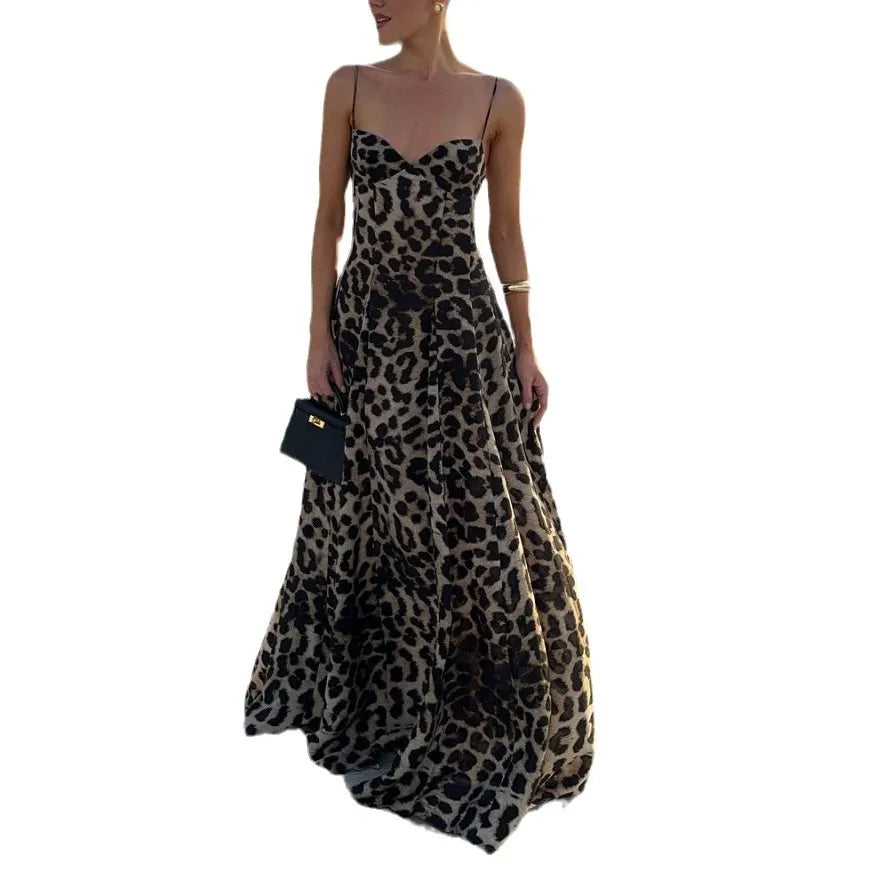 Robe longue léopard à fines bretelles Solange