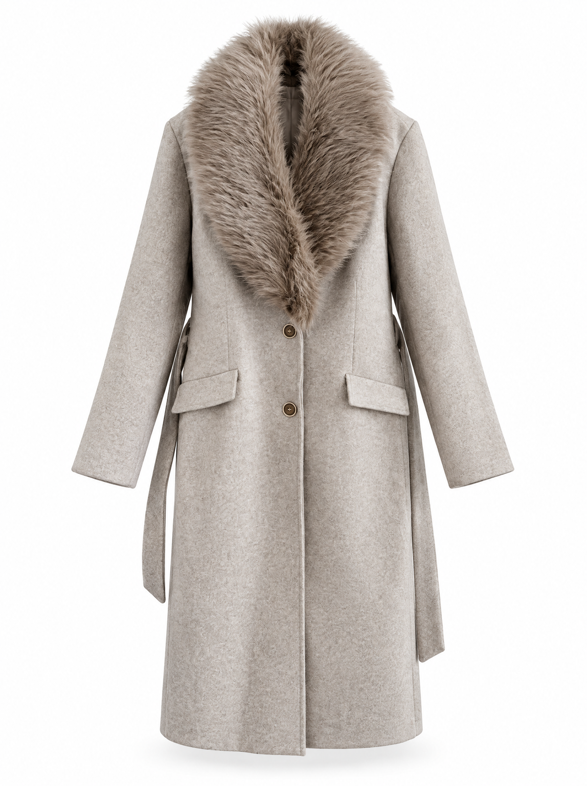 Manteau ceinturé à col en fausse fourrure Lisette
