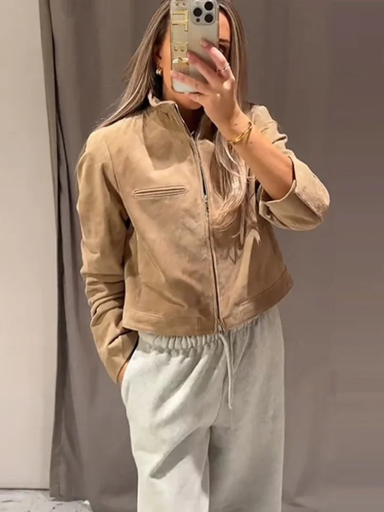 Veste courte effet suède à col montant Éliane