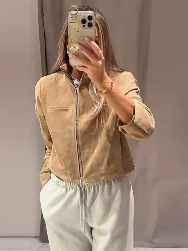 Veste courte effet suède à col montant Éliane