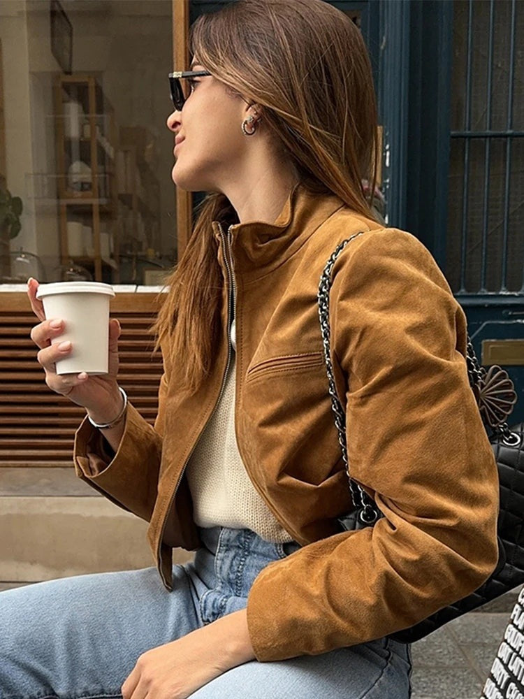Veste courte effet suède à col montant Éliane